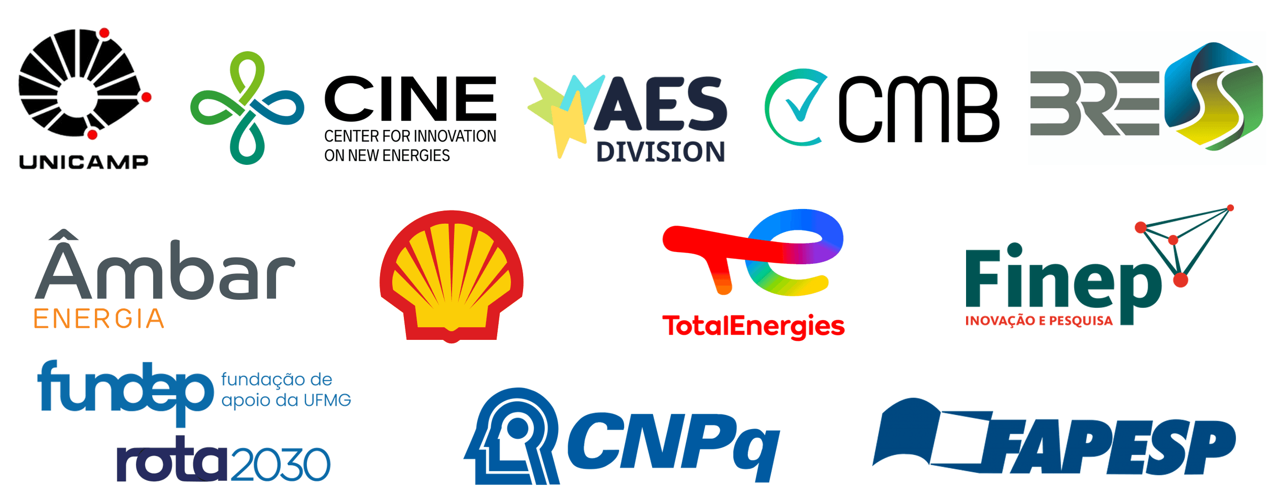 Painel de parceiros e financiadores do BREnergies, incluindo FAPESP, Unicamp, Shell, TotalEnergies e outras empresas.