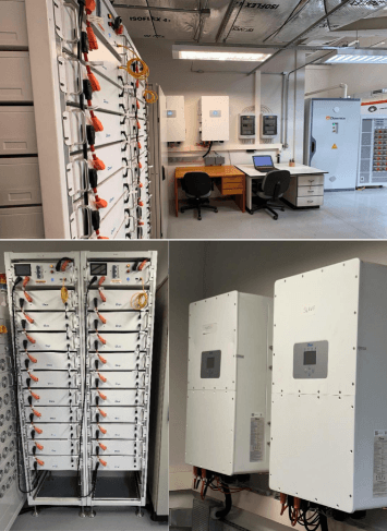 Bancos de baterias (300 kWh) operando em modo off-grid independente da concessionária.